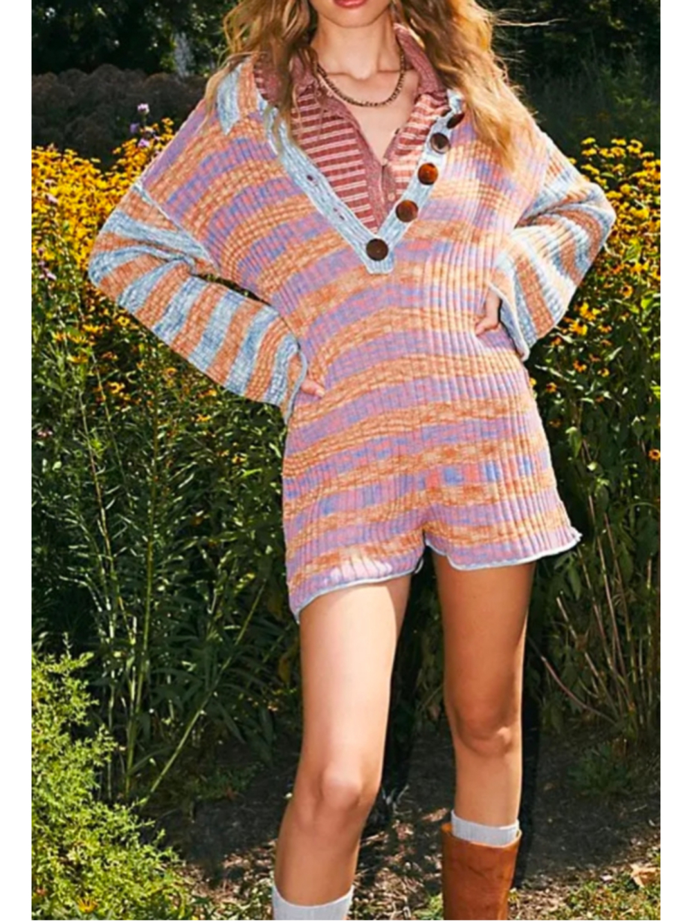 Free People Wendy Ribbed Knit Sweater Romper Space Dye Boho Size L